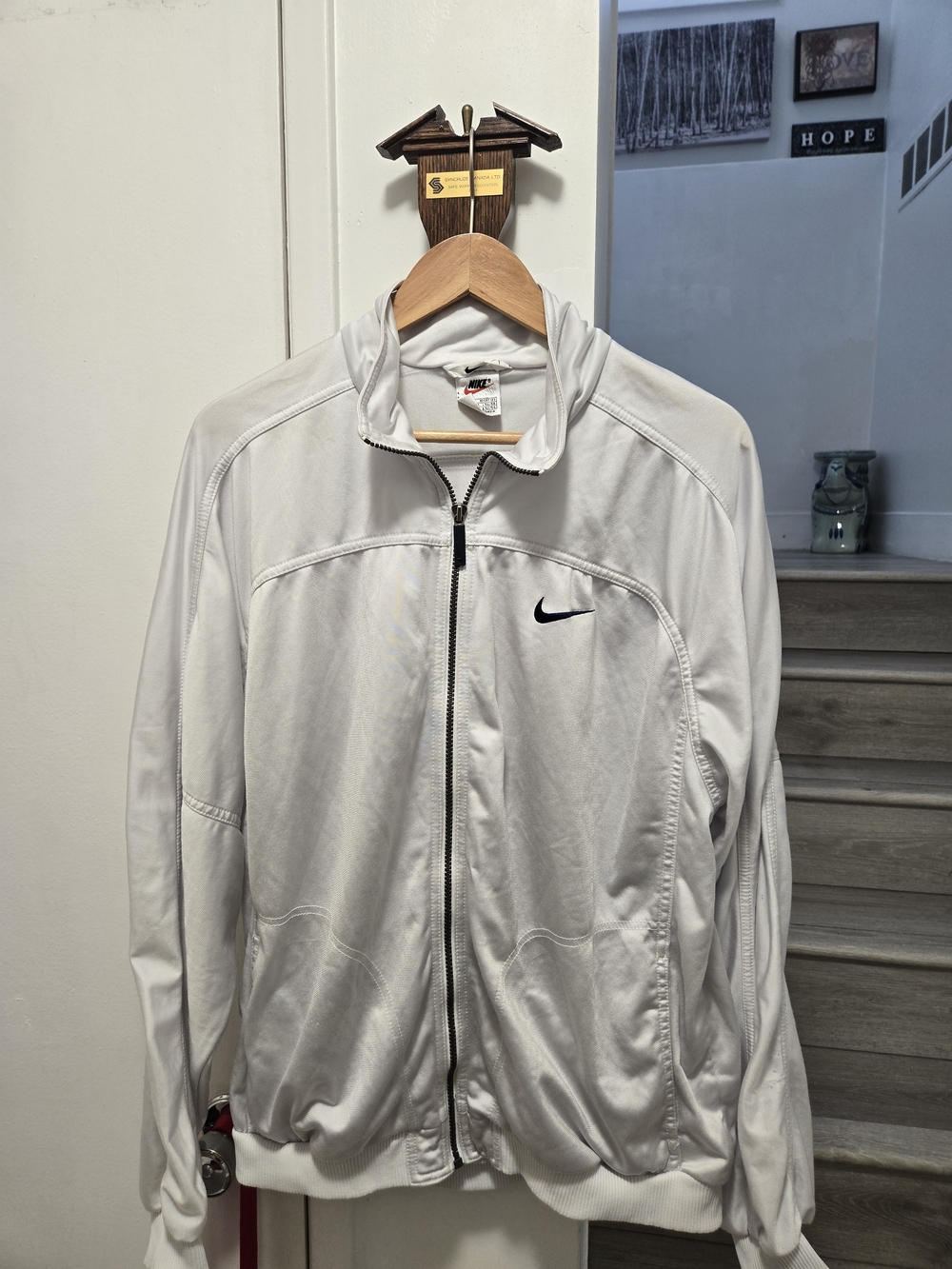 90S Nike White Big Back Swooh Full-Zip Athletic Track Jacket Size L